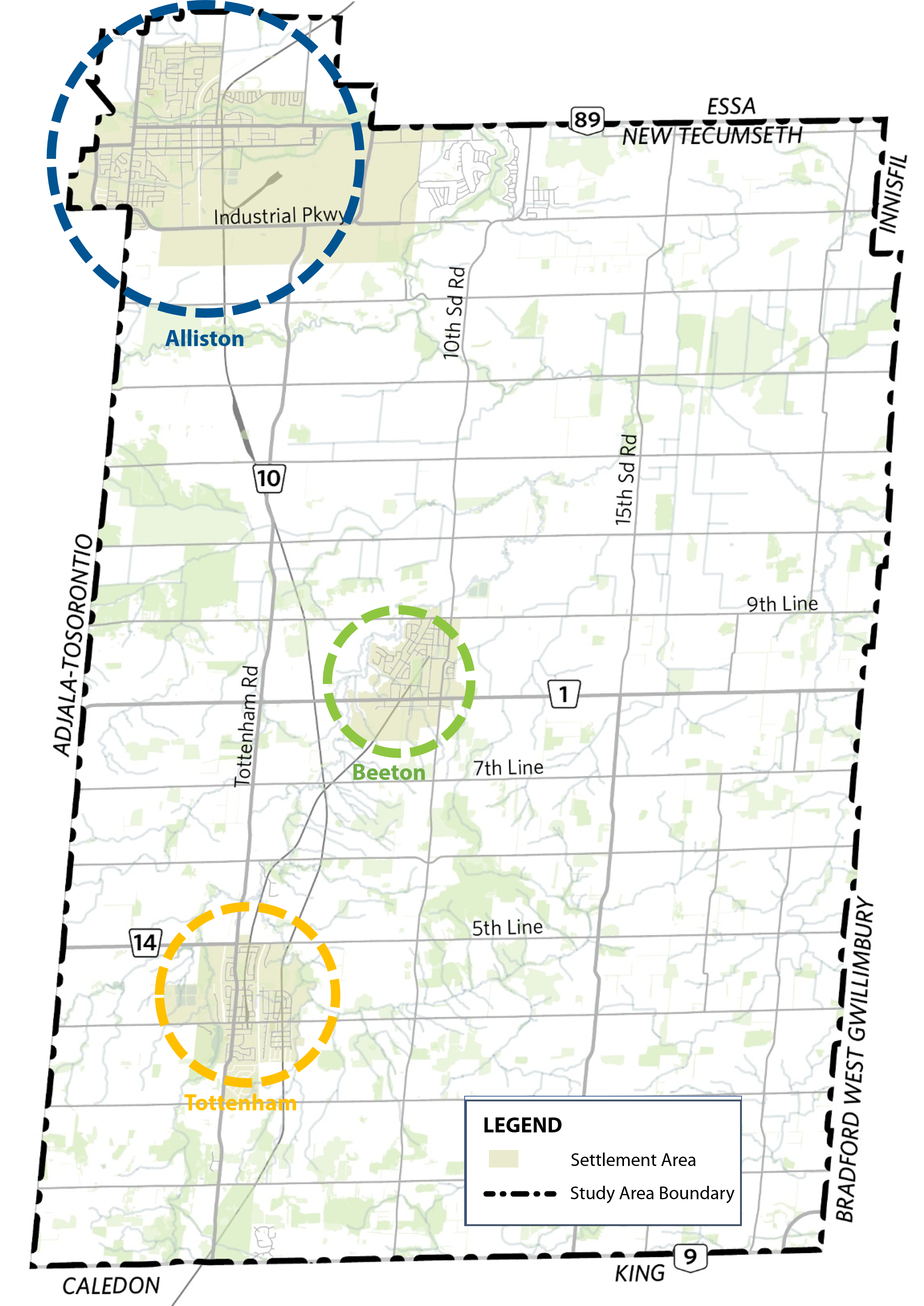 New Tecumseth is a town of situated in the County of Simcoe in southcentral Ontario. It is bordered by the Township of Essa to the north, the Town of Innisfil to the northeast, the Town of Bradford West-Gwillimbury to the east, the Township of King (in York Region) to the south, the Town of Caledon (in Peel Region) to the southwest, and the Township of Adjala-Tosorontio to the west. The Town comprises three main settlement areas: Alliston, Beeton, and Tottenham.