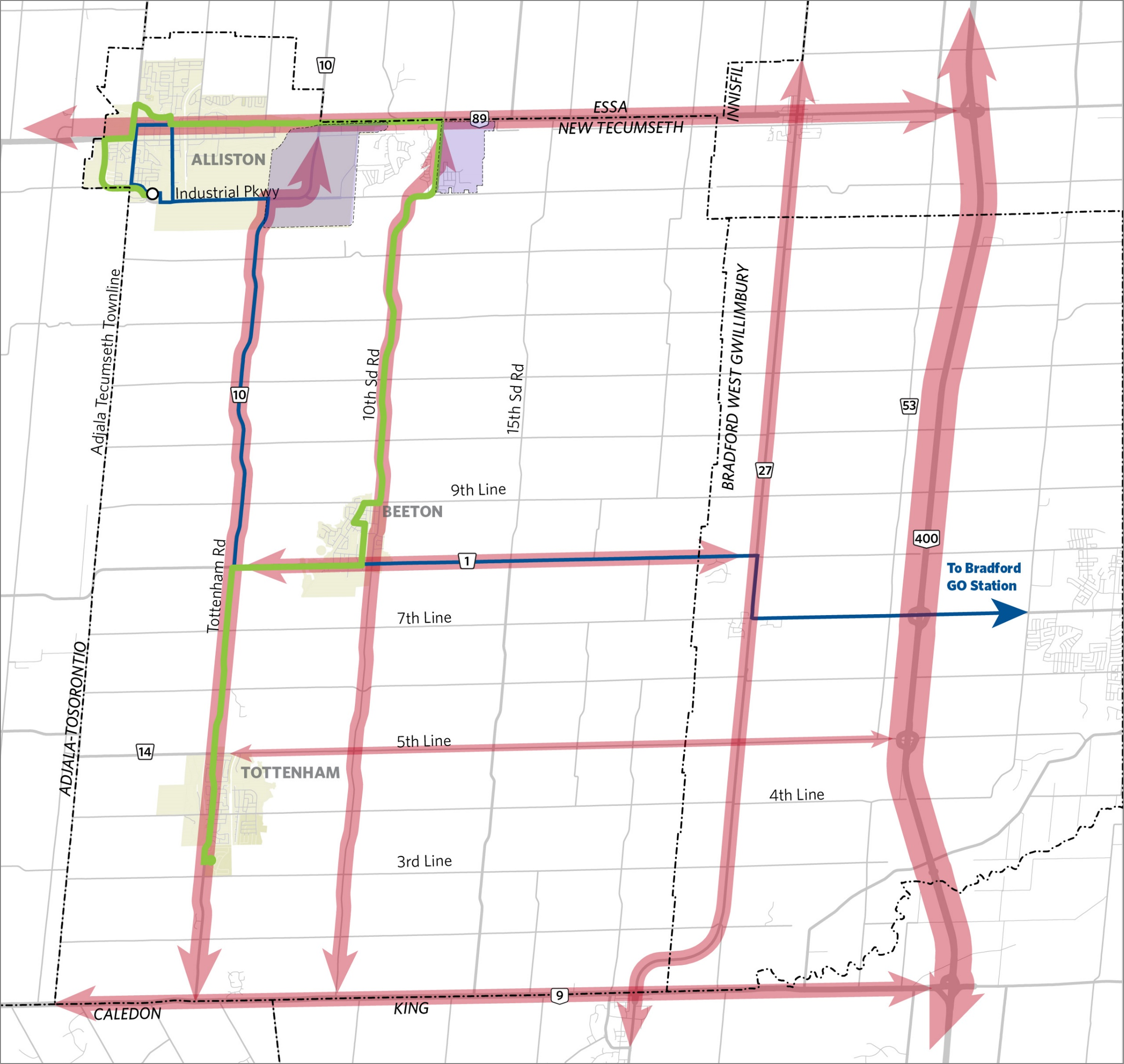 This map shows the forecasted travel demand for the year 2041. There will significant congestion along Highway 9 and Highway 89, as well as on County Road 10 within and south of Tottenham.