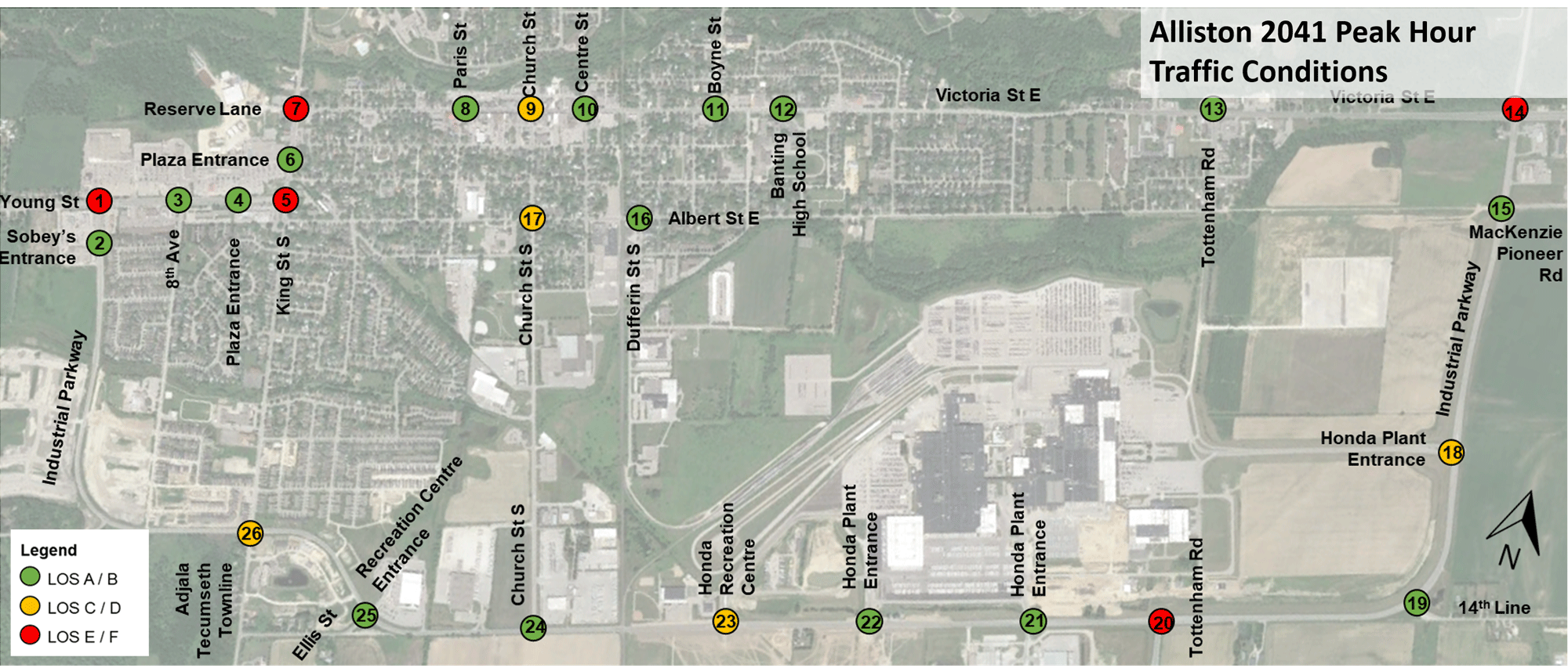 This map illustrates where there is traffic delay in Alliston. 